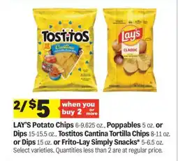 Meijer LAY'S Potato Chips, Poppables, Tostitos Cantina Tortilla Chips or Dips, Frito-Lay Simply Snacks offer