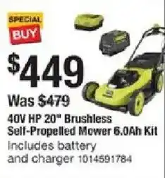 The Home Depot 40V HP 20" Brushless Self-Propelled Mower 6.0Ah Kit offer