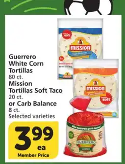 Albertsons Guerrero White Corn Tortillas 80 ct. Mission Tortillas Soft Taco 20 ct. or Carb Balance 8 ct offer