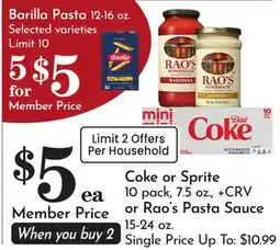 Pavilions Coke or Sprite 10 pack, 7.5 oz., or Rao's Pasta Sauce 15-24 oz offer