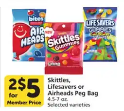 Pavilions Skittles, Lifesavers or Airheads Peg Bag offer