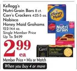 Pavilions Kellogg's Nutri-Grain Bars 8 ct. Carr's Crackers 4.25-5 oz. Nabisco Honey Maid Grahams 12.2-14.4 oz offer