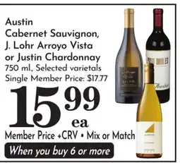 Pavilions Austin Cabernet Sauvignon, J. Lohr Arroyo Vista or Justin Chardonnay offer