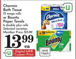 Pavilions Charmin Bath Tissue 12 mega rolls or Bounty Paper Towels 6 double plus rolls offer