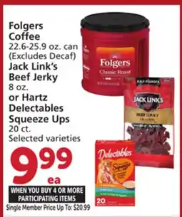 Vons Folgers Coffee 22.6-25.9 oz. can Jack Link's Beef Jerky 8 oz. or Hartz Delectables Squeeze Ups 20 ct offer