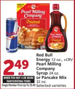 Vons Red Bull Energy 12 oz., +CRV Pearl Milling Company Syrup 24 oz. or Pancake Mix 32 oz offer