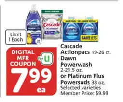 Vons Cascade Actionpacs 19-26 ct. Dawn Powerwash 2-21.5 oz. or Platinum Plus Powersuds 38 oz offer