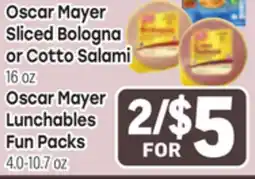 Tony’s Fresh Market Oscar Mayer Sliced Bologna or Cotto Salami 16 oz Oscar Mayer Lunchables Fun Packs offer