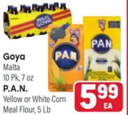 Tony’s Fresh Market Goya Malta, 10 Pk, 7 oz P.A.N. Yellow or White Corn Meal Flour, 5 Lb offer