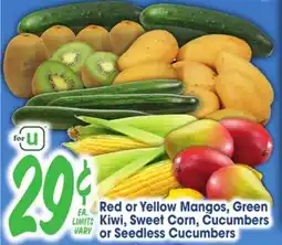Jewel-Osco Red or Yellow Mangos, Green Kiwi, Sweet Corn, Cucumbers or Seedless Cucumbers offer