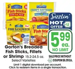 Jewel-Osco Gorton's Breaded Fish Sticks, Fillets or Shrimp offer