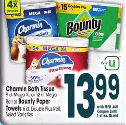 Jewel-Osco Charmin Bath Tissue 9 ct. Mega XL or 12 ct. Mega Roll or Bounty Paper Towels 6 ct. Double Plus Roll offer