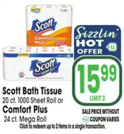 Jewel-Osco Scott Bath Tissue 20 ct. 1000 Sheet Roll or Comfort Plus 24 ct. Mega Roll offer