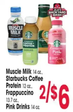 Jewel-Osco Muscle Milk 14 oz., Starbucks Coffee Protein 12 oz., Frappuccino 13.7 oz., Pink Drinks 14 oz offer