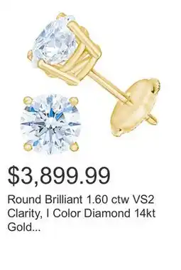 Costco Round Brilliant 1.60 ctw VS2 Clarity, I Color Diamond 14kt Gold Stud Earrings offer