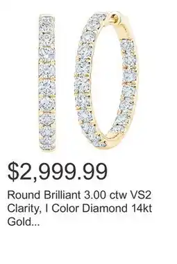 Costco Round Brilliant 3.00 ctw VS2 Clarity, I Color Diamond 14kt Gold Hoop Earrings offer