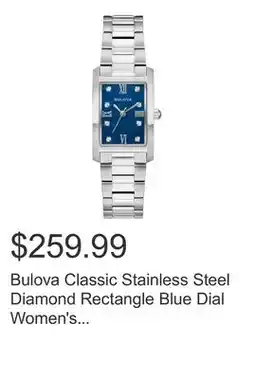 Costco Bulova Classic Stainless Steel Diamond Rectangle Blue Dial Women's Quartz Watch, 21mm offer