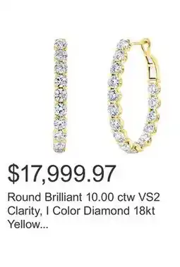 Costco Round Brilliant 10.00 ctw VS2 Clarity, I Color Diamond 18kt Yellow Gold Hoop Earrings offer