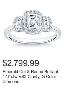 Costco Emerald Cut & Round Brilliant 1.17 ctw VS2 Clarity, G Color Diamond Platinum Three Stone Ring offer