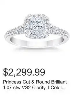Costco Princess Cut & Round Brilliant 1.07 ctw VS2 Clarity, I Color Diamond 14kt White Gold Halo Ring offer
