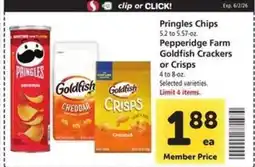 Safeway Pringles Chips, Pepperidge Farm Goldfish Crackers or Crisps offer