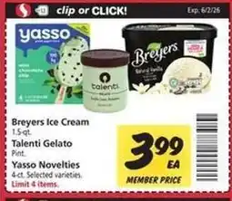 Safeway Breyers Ice Cream, Talenti Gelato, Yasso Novelties offer