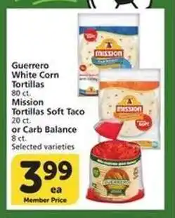 Albertsons Guerrero White Corn Tortillas / Mission Tortillas Soft Taco / Carb Balance offer
