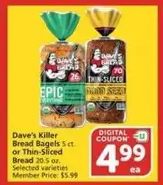 Albertsons Dave's Killer Bread Bagels or Thin Sliced Bread offer