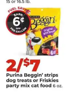 Hy-Vee Purina Beggin' strips dog treats or Friskies party mix cat food offer