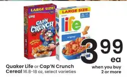 Albertsons Quaker Life or Cap'N Crunch Cereal offer