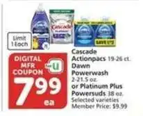 Albertsons Cascade Actionpacs, Dawn Powerwash, or Platinum Plus Powersuds offer