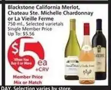 Albertsons Blackstone California Merlot, Chateau Ste. Michelle Chardonnay or La Vieille Ferme offer