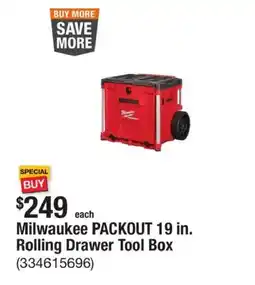 The Home Depot Milwaukee packout 19 in. rolling drawer tool box offer