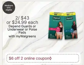 Walgreens Depend Guards or Underwear or Poise Pads offer