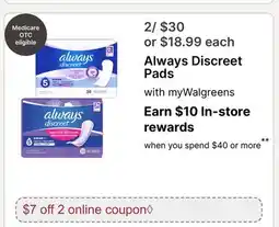 Walgreens Always Discreet Pads offer
