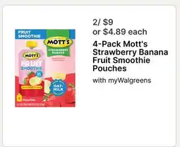 Walgreens 4-Pack Mott's Strawberry Banana Fruit Smoothie Pouches offer