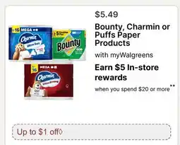 Walgreens Bounty, Charmin or Puffs Paper Products offer