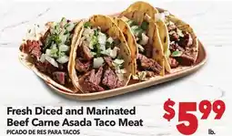 Vallarta Supermarkets Fresh Diced and Marinated Beef Carne Asada Taco Meat/PICADO DE RES PARA TACOS offer