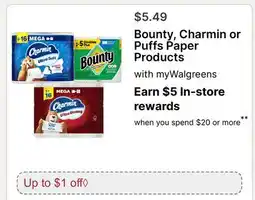 Walgreens Bounty, Charmin or Puffs Paper Products offer