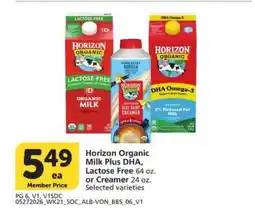 Albertsons Horizon Organic Milk Plus DHA, Lactose Free or Creamer offer