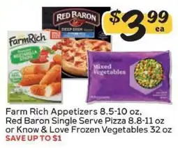Winn Dixie Farm Rich Appetizers, Red Baron Single Serve Pizza, Know & Love Frozen Vegetables offer