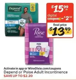 Winn Dixie Depend or Poise Adult Incontinence offer