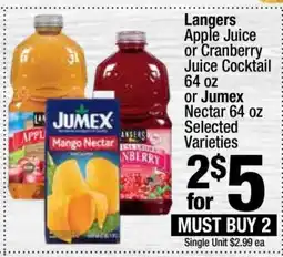 Super King Markets Langers Apple Juice or Cranberry Juice Cocktail 64 oz or Jumex Nectar 64 oz offer