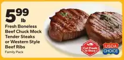Save a Lot Fresh Boneless Beef Chuck Mock Tender Steaks or Western Style Beef Ribs offer