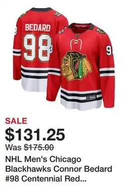 Dick's Sporting Goods NHL Men's Chicago Blackhawks Connor Bedard #98 Centennial Red Breakaway Replica Jersey offer
