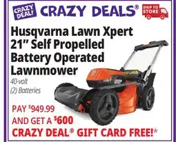 Ocean State Job Lot Husqvarna Lawn Xpert 21 Self Propelled Battery Operated Lawnmower offer