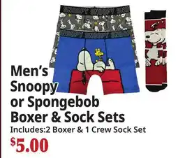 Ocean State Job Lot Men's Snoopy or Spongebob Boxer & Sock Sets offer