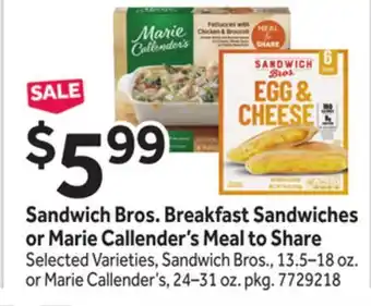 Stop&Shop Sandwich Bros. Breakfast Sandwiches or Marie Callender's Meal to Share offer