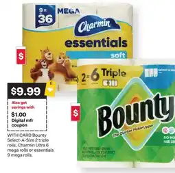 CVS Bounty Select-A-Size 2 triple rolls, Charmin Ultra 6 mega rolls or essentials 9 mega rolls offer
