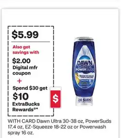 CVS Dawn Ultra 30-38 oz, PowerSuds 17.4 oz, EZ-Squeeze 18-22 oz or Powerwash spray 16 oz offer